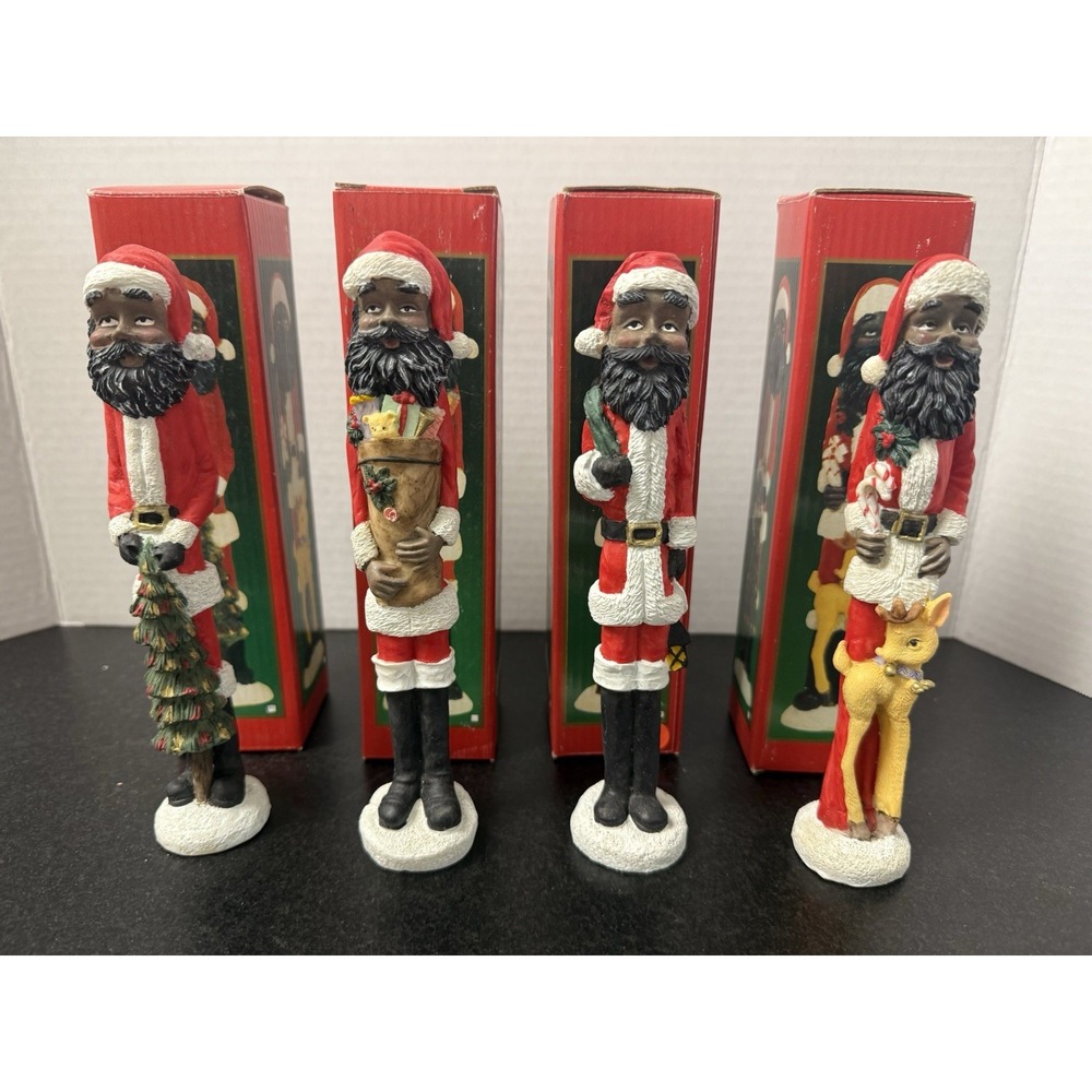 Resin Black African American Santas Holding Christmas Objects Figurine 7 5/8"